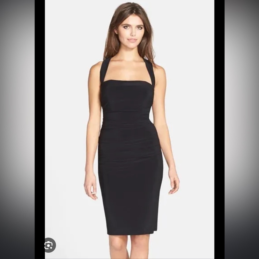 Twist back bodycon knee length black dress by LAUNDRY